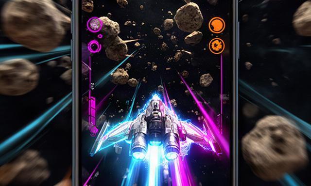 HUD de Asteroid Rush en un teléfono móvil con marcadores, escudo y asteroides en movimiento