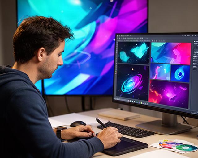 Artista digital trabajando con formas y colores de una interfaz sci-fi en Ejea de los Caballeros