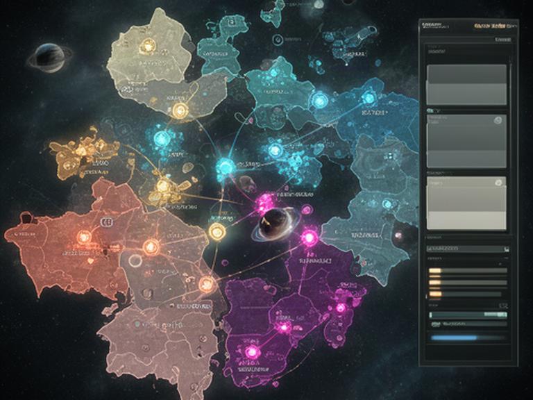 Mapa de facciones espaciales con territorios coloreados, capitales y panel lateral de selección de planeta
