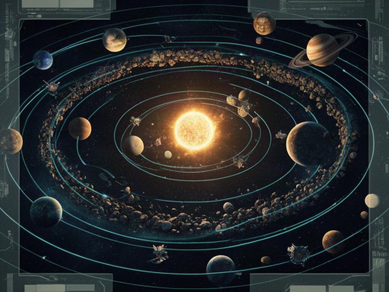 Mockup de sistema solar con planetas, cinturón de asteroides y rutas iluminadas en una interfaz de estrategia espacial