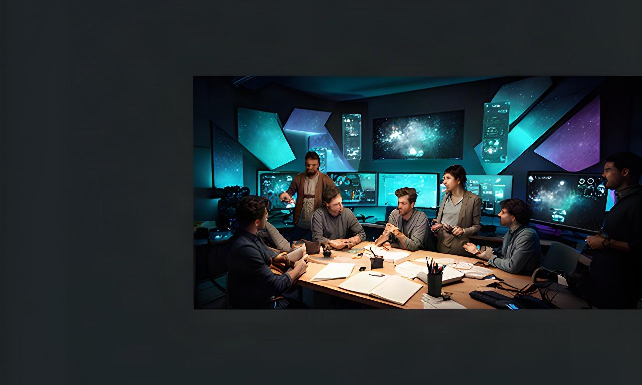 Equipo de diseño reunido en un estudio de Ejea de los Caballeros con pantallas de interfaces de juegos espaciales