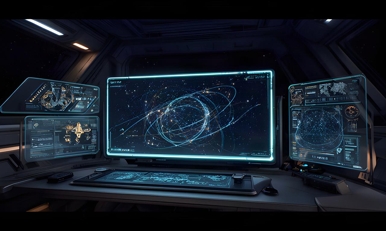 Pantalla de interfaz espacial sobre una mesa de trabajo con paneles de nave, mapa estelar y datos de exploración